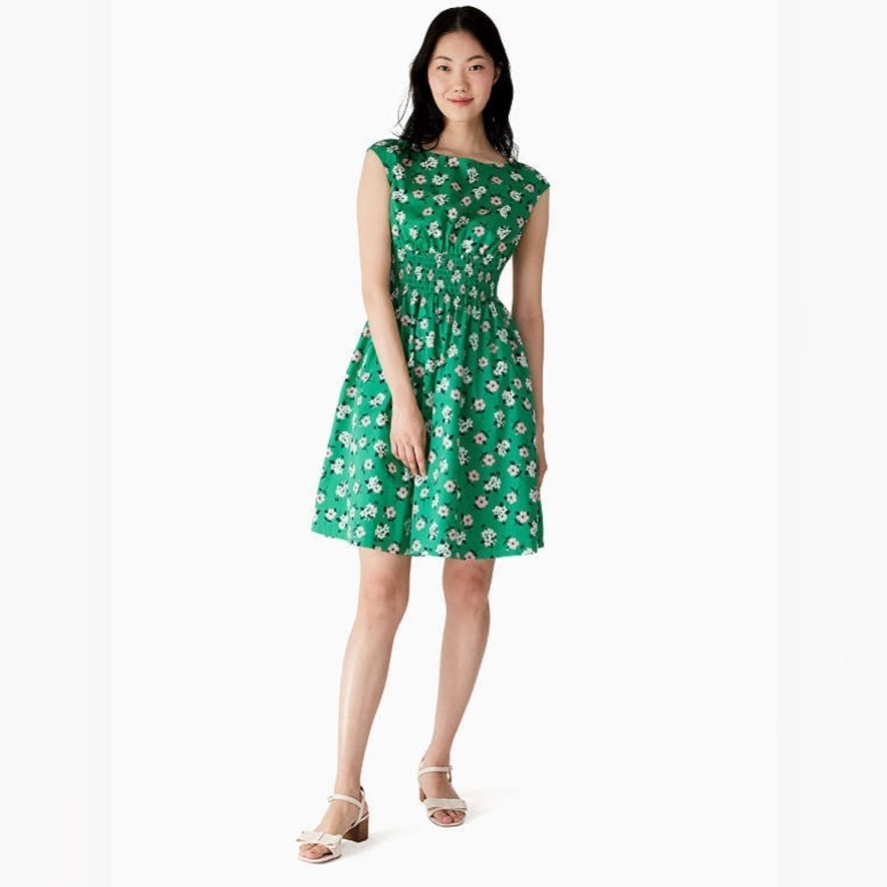 Kate Spade Green Floral Lily Blooms Blaire Dress Size medium lined cap sleeve